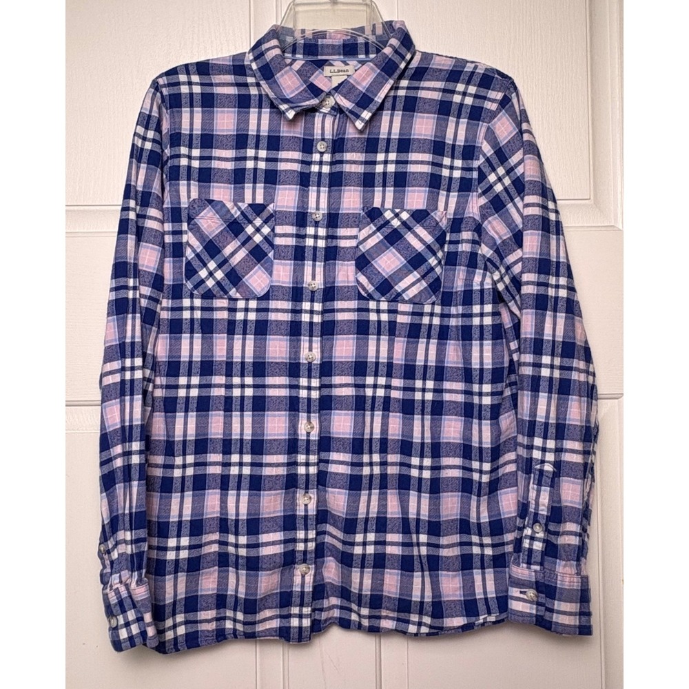 L.L.Bean Womens M Blue Pink Plaid Button Front Shirt 100% Cotton Long Sleeve